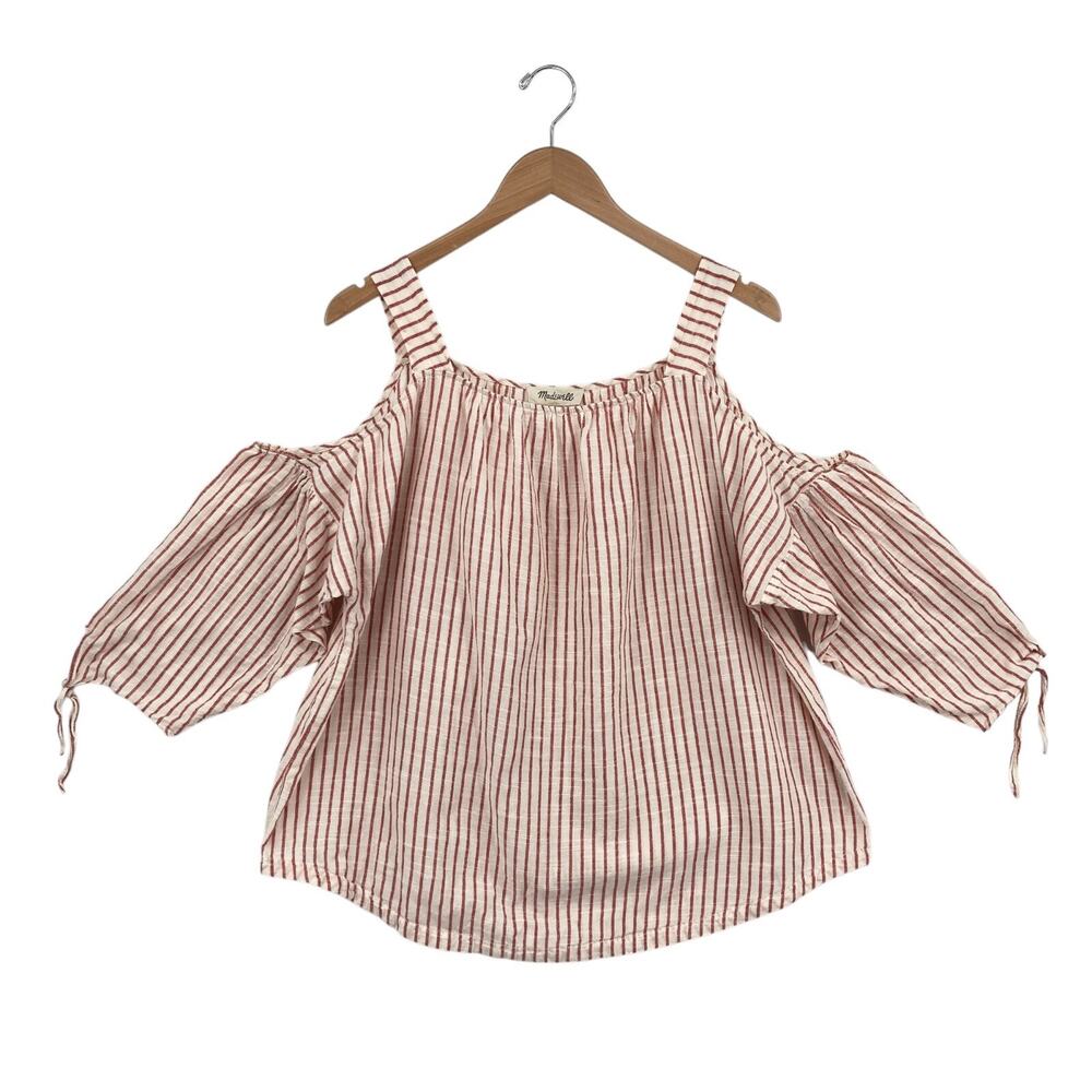 Madwell Blouse Top Womens XL White Red Striped Cotton Cold Shoulder Pullover